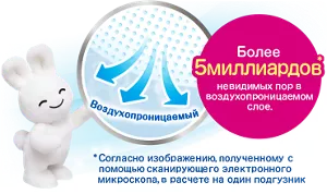 Более 5 миллиардов* невидимых  пор  в пор в воздухопроницаемом слое. *Согласно изображению, полученному с помощью сканирующего электронного микроскопа, в расчете на один подгузник