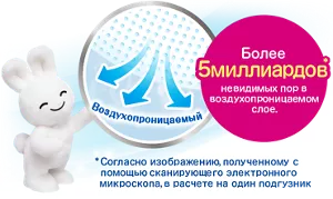 Более 5 миллиардов* невидимых пор в воздухопроницаемом слое. *Согласно изображению, полученному с помощью сканирующего электронного микроскопа, в расчете на один подгузник