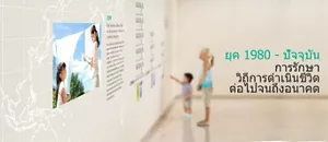 ภาพแสดงถึงผู้หญิงและลูกเป็นเด็กผู้ชาย กำลังมองกำแพงภาพประวัติสินค้าคาโอ และมีข้อความแสดงถึงยุค 1980 - ปัจจุบัน การรักษาวิถีการดำเนินชีวิตต่อไปจนถึงอนาคต