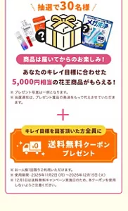 抽選で30名様に、あなたのキレイ目標に合わせた5,000円相当の花王商品をプレゼント。さらに、キレイ目標を回答いただいた方全員に送料無料クーポンをプレゼントします。※プレゼント写真は一例です。※当選通知はプレゼント賞品の発送をもって代えさせていただきます。※送料無料クーポンはお一人様1回限り、使用期間は2026年11月2日(月)~12月15日(火)。12月1日は送料無料キャンペーン実施日のため、本クーポンは使用しないようご注意ください。