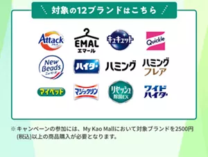 対象の12ブランドは、アタック、エマール、ニュービーズ、ハミング、ハミングフレア、ワイドハイター、キュキュット、クイックル、ハイター、マイペット、マジックリン、リセッシュ。 キャンペーンの参加には、My Kao Mallにおいて対象ブランドを2500円(税込)以上の商品購入が必要となります。