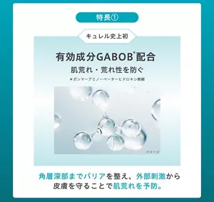 <特長1>キュレル史上初 有効成分GABOB*配合 肌荒れ・荒れ性を防ぐ *ガンマーアミノーベータ―ヒドロキシ酪酸 角層深部までバリアを整え、外部刺激から皮膚を守ることで肌荒れを予防。