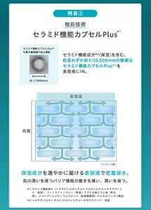 <特長2>独自技術 セラミド機能カプセルPlus*1 セラミド機能成分*2(保湿)を含む、粒径わずか約1/10,000mmの微細なセラミド機能カプセルPlus *1を美容液にIN。保湿成分を速やかに届ける美容液で密着保水。肌の潤いを保つバリア機能の働きを補い、潤いを保つ。*1 セラミド機能成分(ヘキサデシロキシPGヒドロキシエチルヘキサデカナミド:保湿)、フィトスフィンゴシン(保湿)、POE水添ヒマシ油(乳化剤)、ジステアリルジモニウムクロリド(粘度調整剤)からなるベシクル構造 *2 ヘキサデシロキシPGヒドロキシエチルヘキサデカナミド:保湿