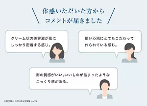 体感いただいた方から コメントが届きました クリーム状の美容液が 肌にしっかり密着する感じ。 剤の質感がいい。 いいものが詰まったような こっくり感がある。 使い心地にとてもこだわって 作られている感じ。