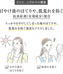 さらに、こだわりの機能 日やけ後のほてりや、肌荒れを防ぐ 抗炎症剤(有効成分)配合 うっかり日やけしてしまった後のほてりや、 肌荒れを防ぐ効果もプラスしました。 日やけ後の ほてりを防ぐ 肌荒れを防ぐ