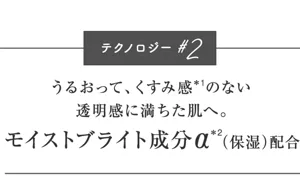 テクノロジー#2 うるおって、くすみ感*1のない 透明感に満ちた肌へ。 モイストブライト成分α*2(保湿)配合