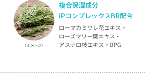 複合保湿成分 iPコンプレックスBR配合 ローマカミツレ花エキス・ローズマリー葉エキス・アスナロ枝エキス・DPG