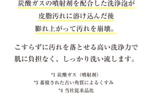 炭酸ガスの噴射剤を配合した洗浄泡が皮脂汚れに溶け込んだ後膨れ上がって汚れを崩壊。こすらずに汚れを落とせる高い洗浄力で肌に負担なく、しっかり洗い流します。  *1 炭酸ガス(噴射剤) *3 蓄積された古い角質によるくすみ *4 当社従来品比
