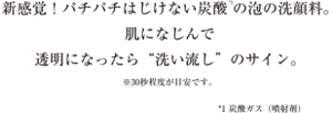 新感覚!パチパチはじけない炭酸*1の泡の洗顔料。肌になじんで透明になったら“洗い流し”のサイン。※30秒程度が目安です。 *1 炭酸ガス(噴射剤)