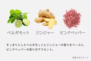 ベルガモット ジンジャー ピンクペッパー すっきりとしたベルガモットとジンジャーの香りをベースに、ピンクペッパーの香りがアクセント。 ※香りのイメージ