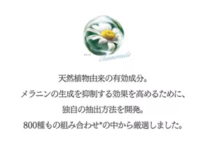 天然植物由来の有効成分。 メラニンの生成を抑制する効果を高めるために、 独自の抽出方法を開発。 800種もの組み合わせ*の中から厳選しました。