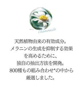 天然植物由来の有効成分。 メラニンの生成を抑制する効果を高めるために、 独自の抽出方法を開発。 800種もの組み合わせ*の中から厳選しました。