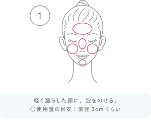 1 軽く濡らした顔に、泡をのせる。