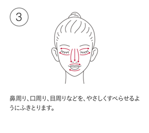 鼻周り、口周り、目周りなどを、やさしくすべらせるようにふきとります。