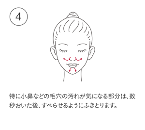 特に小鼻などの毛穴の汚れが気になる部分は、数秒おいた後、すべらせるうようにふきとります。