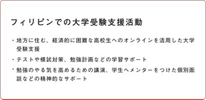 フィリピンでの大学受験支援活動 ・地方に住む、経済的に困難な高校生へのオンラインを活用した大学受験支援 ・テストや模試対策、勉強計画などの学習サポート ・勉強のやる気を高めるための講演、学生へメンターをつけた個別面談などの精神的なサポート
