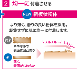 ②均一に付着させる新板状粉体。より薄く、滑りの良い個体を採用。凝集せずに肌に均一に付着します。