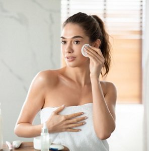 Woman removing make up effectively with a cotton pad