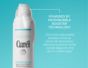 Curél Regenerative Micro Mousse Treatment bottle infographic surrounded by cloud-like micro mousse texture