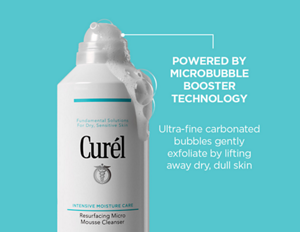 Curél Resurfacing Micro Mousse Cleanser bottle surrounded by cloud-like micro mousse texture on a teal background