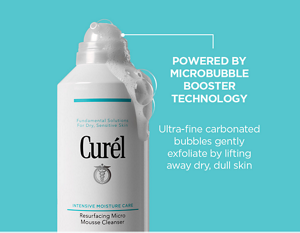 Curél Resurfacing Micro Mousse Cleanser bottle surrounded by cloud-like micro mousse texture on a teal background