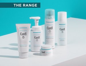 The Curél Intensive Moisture Care range on a white surface against a teal background