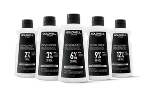 Different Goldwell System developer lotions in front of bright background