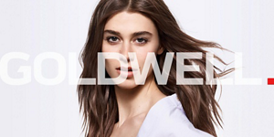 Woman with brown hair, bright background and Goldwell logo in front
