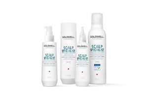 Four goldwell products in white bottles on a white background