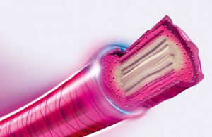 A detailed depiction of a single hair dyed with the goldwell elumen hd max and shine & care technology.