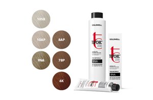 A color palette showcasing the Goldwell Topchic muted hair colors collection alongside three Topchic Zero products.