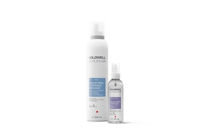 Two Goldwell Stylesign products, the Bodifying Control Mousse and the Weightless Shine Oil, presented against a white background.