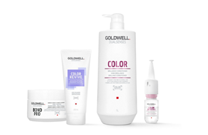 Four Goldwell Dualsenses products, including Color, Color Revive, and Rich Repair, showcased against a white background.