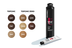 A color palette showcasing the Goldwell Topchic muted hair colors collection alongside three Topchic Zero products.