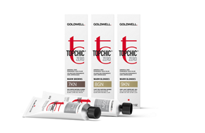 Three Goldwell Topchic professional hair color products displayed against a white background.