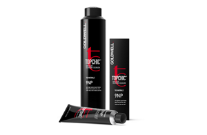 Three Goldwell Topchic Zero ammonia-free vegan hair color products displayed against a white background.