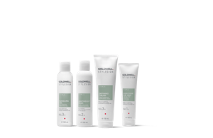 four goldwell stylesign curls products lined up horizontally in a row on a white background