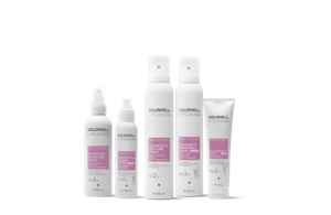 five goldwell stylesign products for heat styling lined up horizontally in a row on a white background