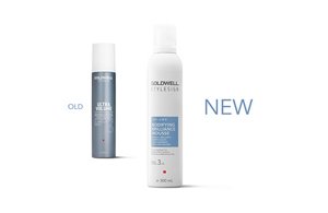 a package of goldwell stylesign glamour whip and bodiying brilliance mousse on a white background