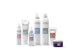 various goldwell stylesign styling products in a row on a white background