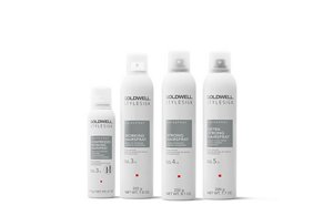 four goldwell stylesign hairspray products lined up horizontally in a row on a white background