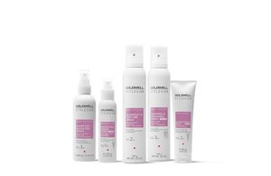 five goldwell stylesign products for heat styling lined up horizontally in a row on a white background