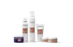 six goldwell stylesign products for texture products lined up horizontally in a row on a white background