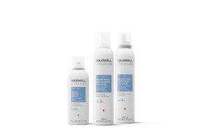 three goldwell stylesign products for volume products lined up horizontally in a row on a white background