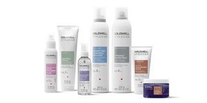 seven goldwell stylesign styling product line in a row on a white background