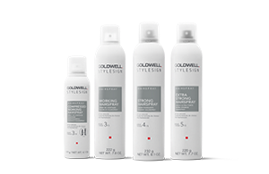 four goldwell stylesign hairspray products lined up horizontally in a row on a white background