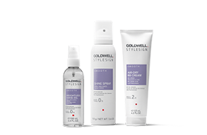 three goldwell stylesign smooth products lined up horizontally in a row on a white background
