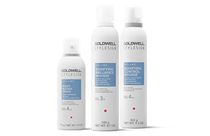 three goldwell stylesign volume products lined up horizontally in a row on a white background