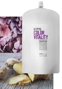 Colorvitality shampoo pouch infront of lilac and sliced ginger