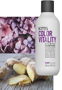 Colorvitality shampoo bottle infront of lilac and sliced ginger